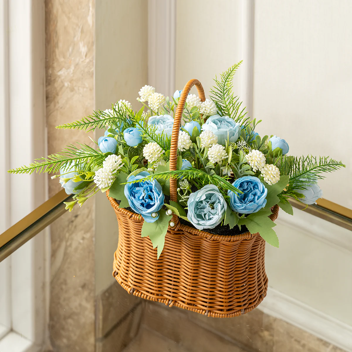 Blushing Artificial Blue Rose Flower Basket
