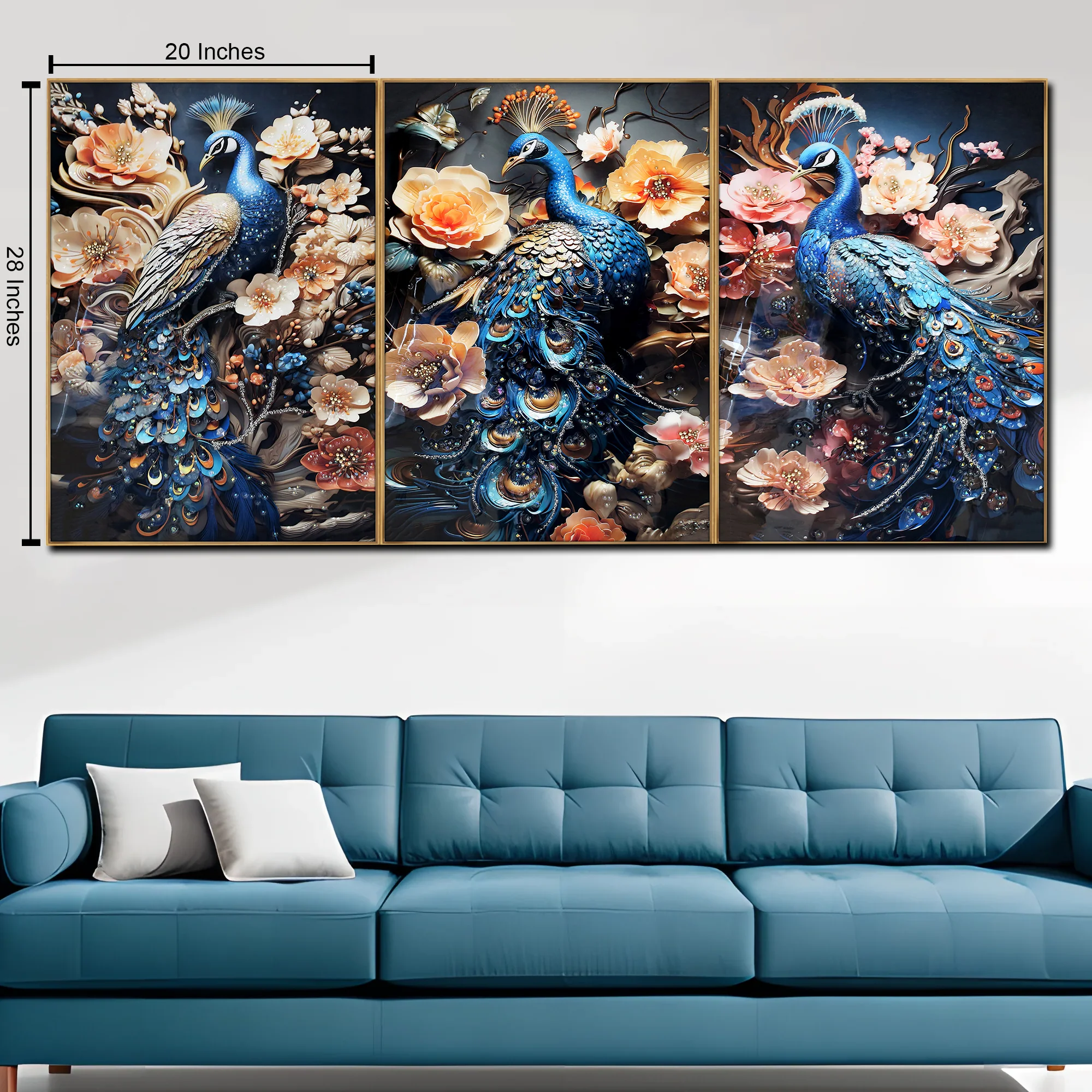 Celestial Peacock Cascade Crystal Glass Nature Painting - Set Of 3 - Image 2