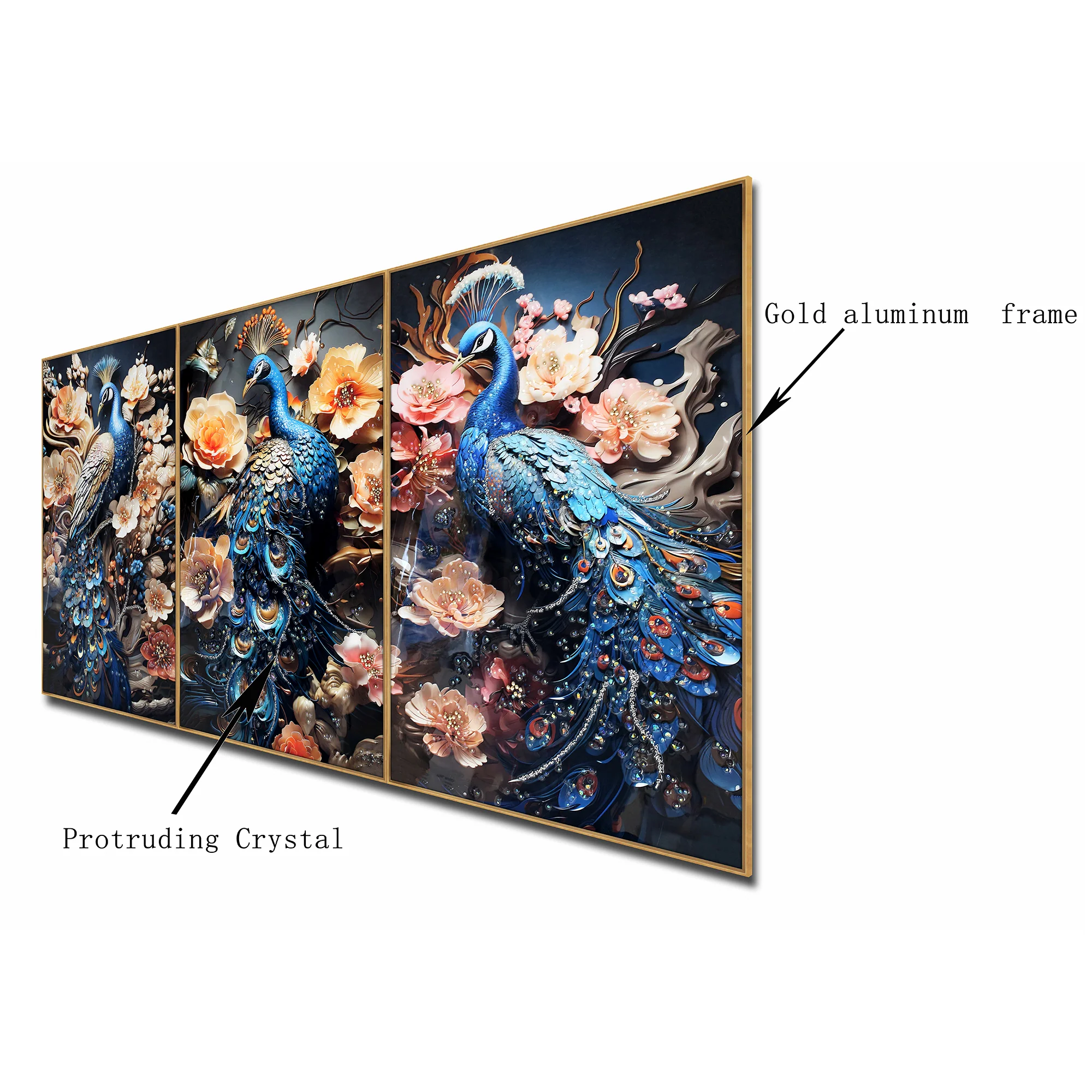 Celestial Peacock Cascade Crystal Glass Nature Painting - Set Of 3 - Image 3