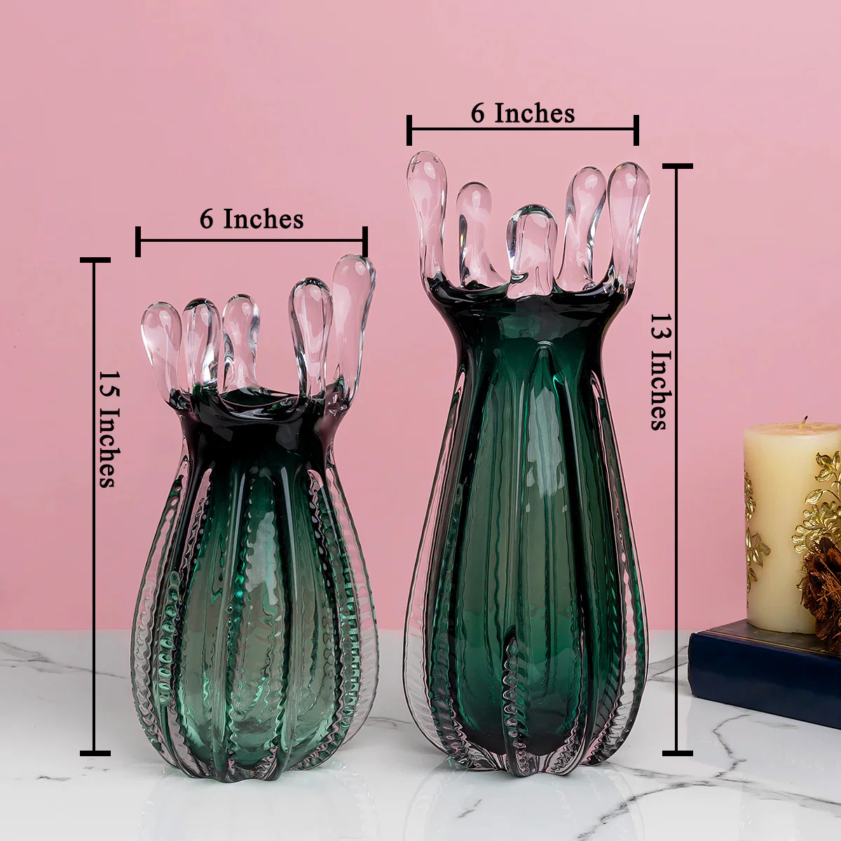 Emerald Oasis Handblown Glass Decorative Vases and Showpieces - Set of 2 - Image 2