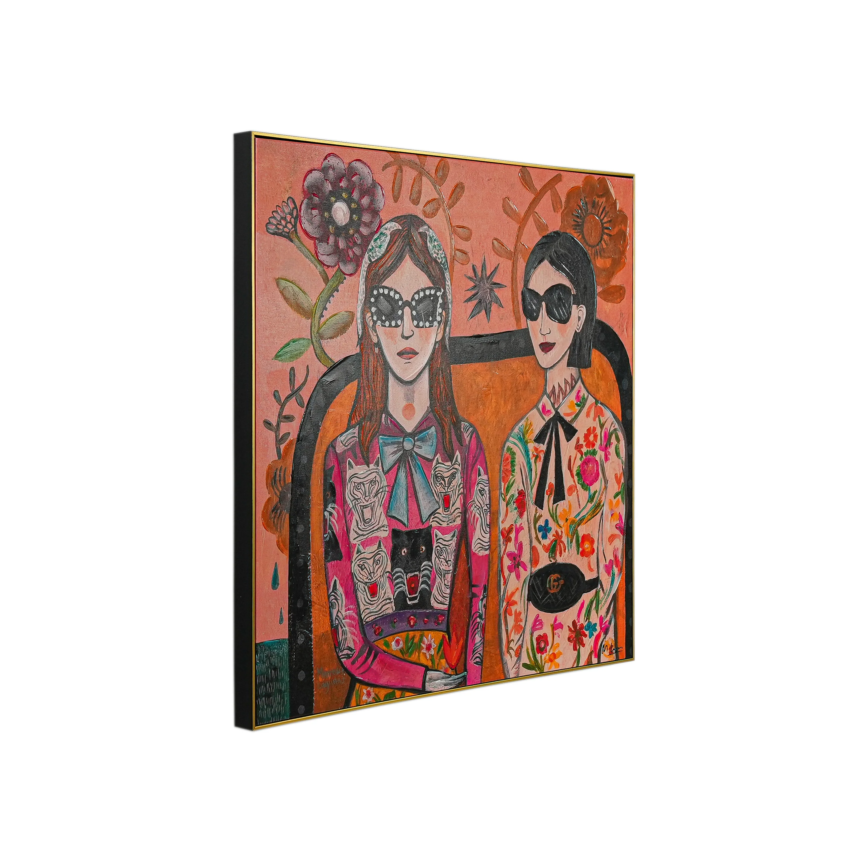 Floral & Feline Fashionistas by Mercedes Lagunas 100% Hand Painted Wall Painting (With Outer Floater Frame frame) ( 39 x 39 Inches ) - Image 10