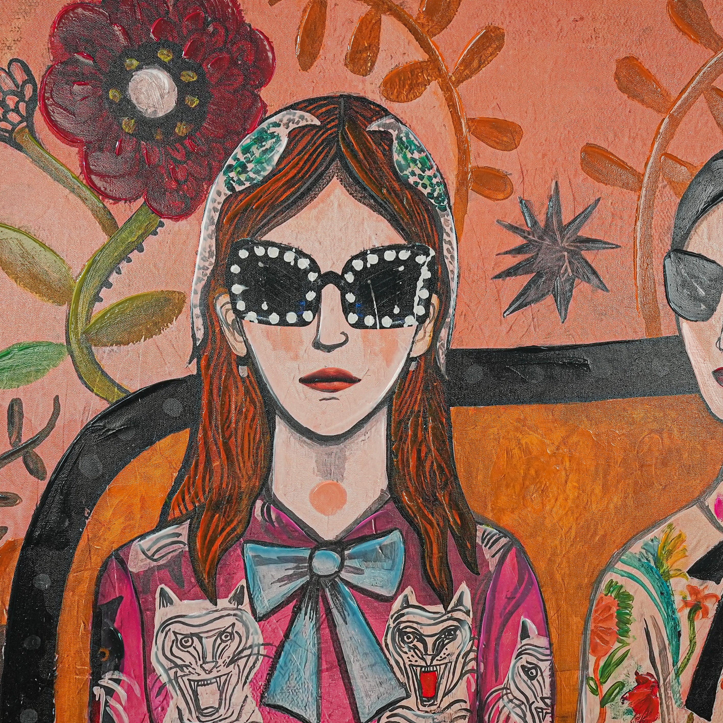 Floral & Feline Fashionistas by Mercedes Lagunas 100% Hand Painted Wall Painting (With Outer Floater Frame frame) ( 39 x 39 Inches ) - Image 4