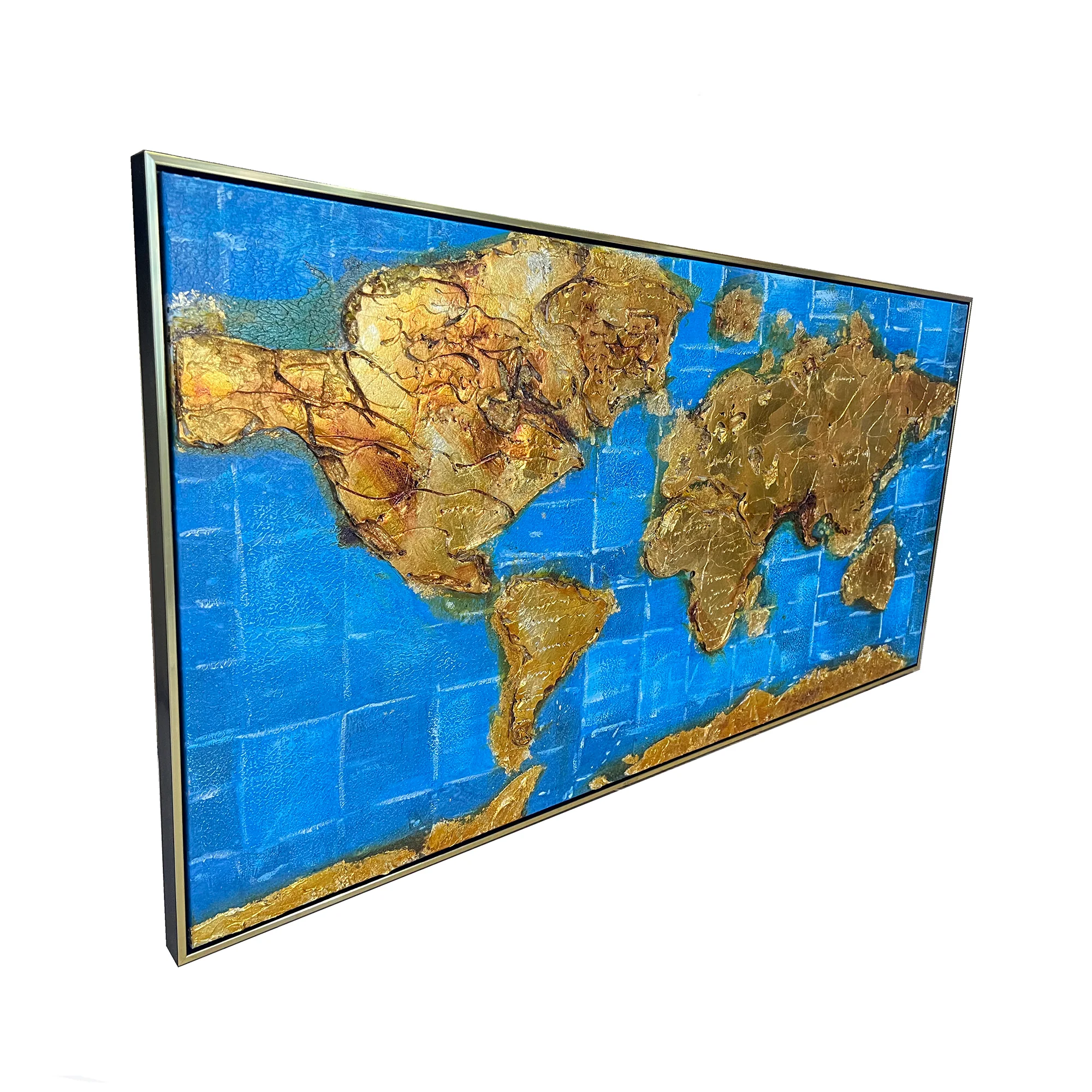 Global Odyssey World Map 100% Hand Painted Wall Painting (With Golden Outer Floater Frame frame) (27.5x55 Inches) - Image 2