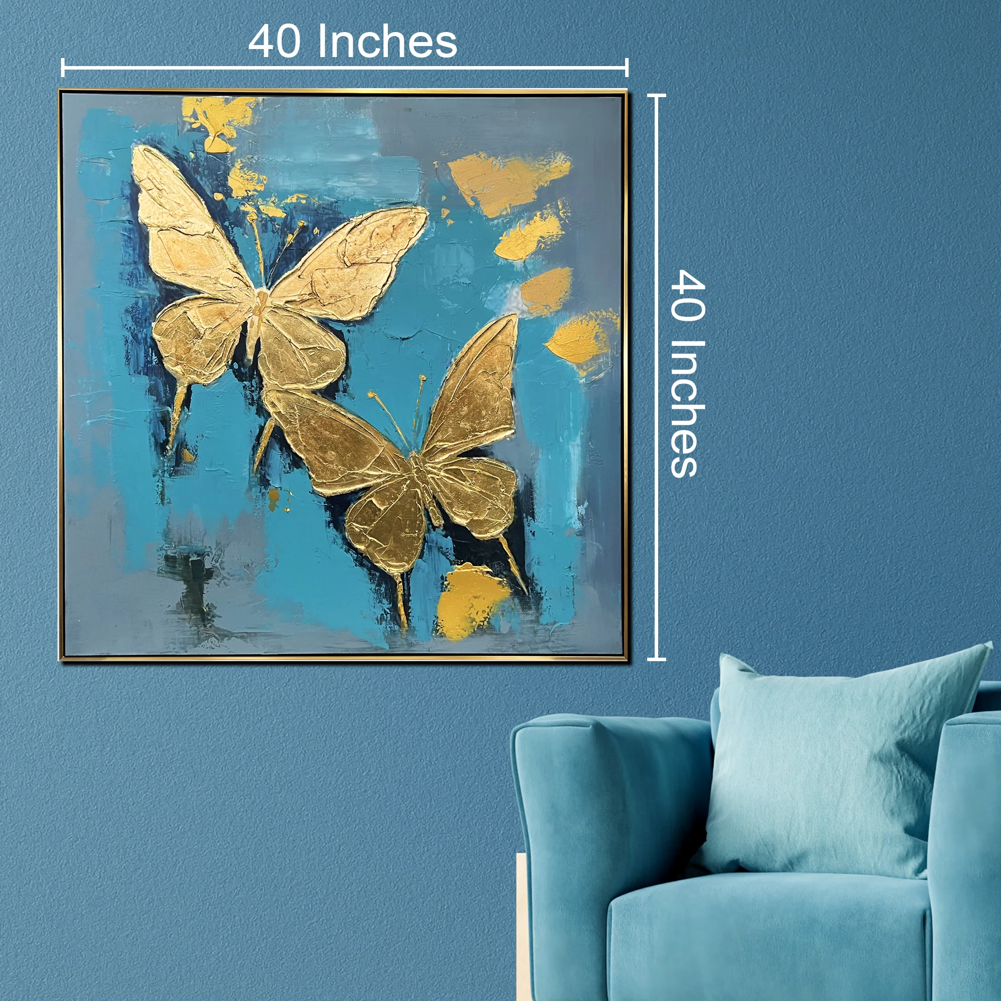 Golden Butterfly Serenity 100% Hand Painted Painting modern Art & Wall Decoration Item (With outer Floater Frame) (40 x 40 Inches) - Image 2