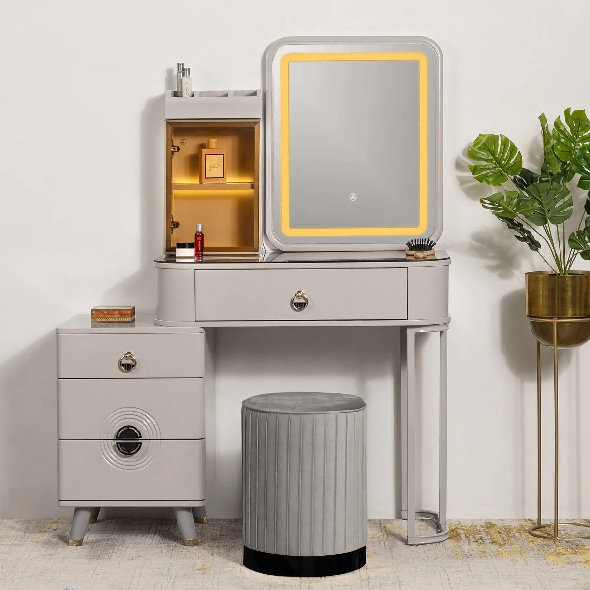 Golden Glamour  Dressing Table & Vanity Set With Mirror & Black Base Poof Chair - Image 2
