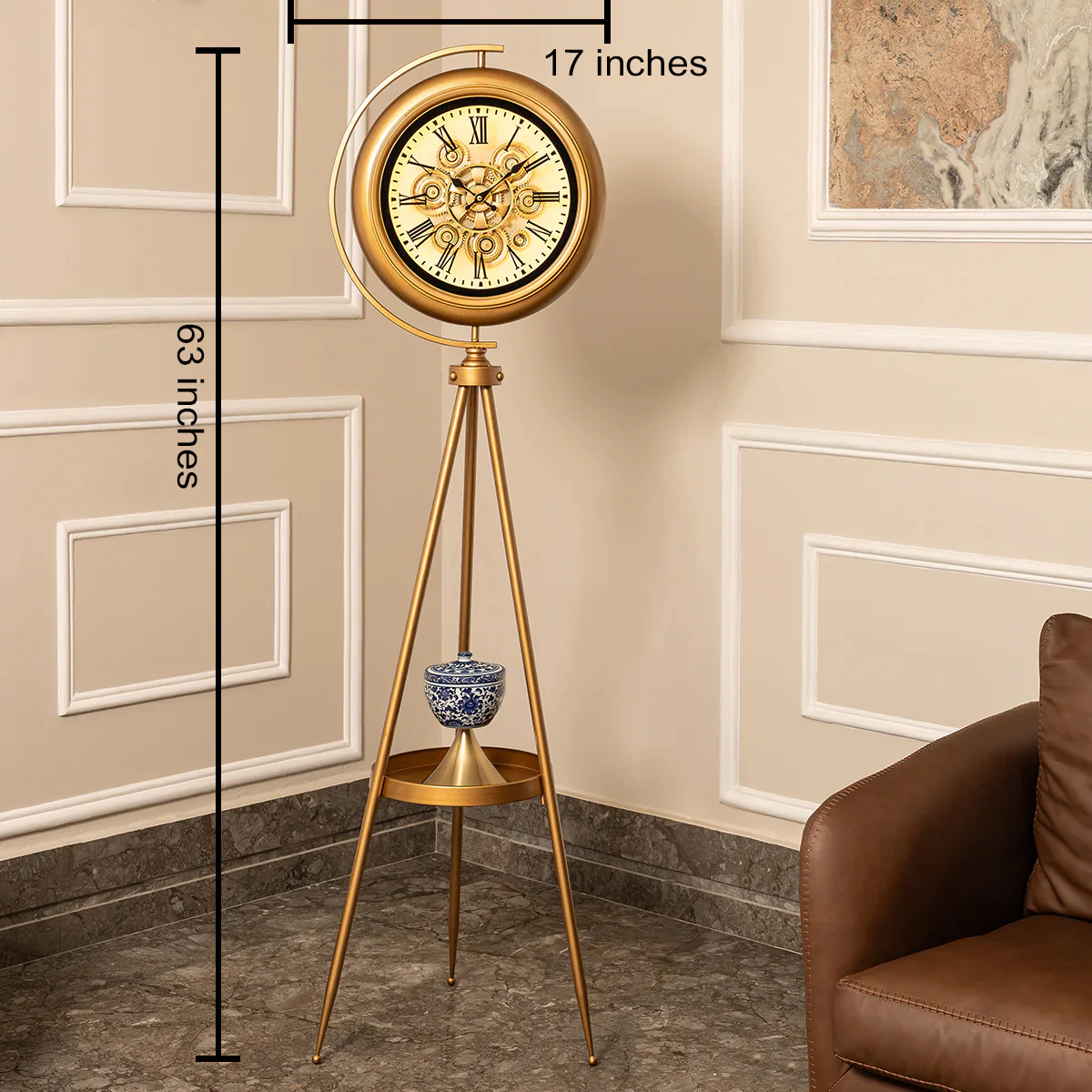 Golden Meridian Tripod Base Luxury Designer Standing Clock With Moving Gear Mechanism Buy Floor Clock Online (With Light and Remote) (Steel Body) - Image 4