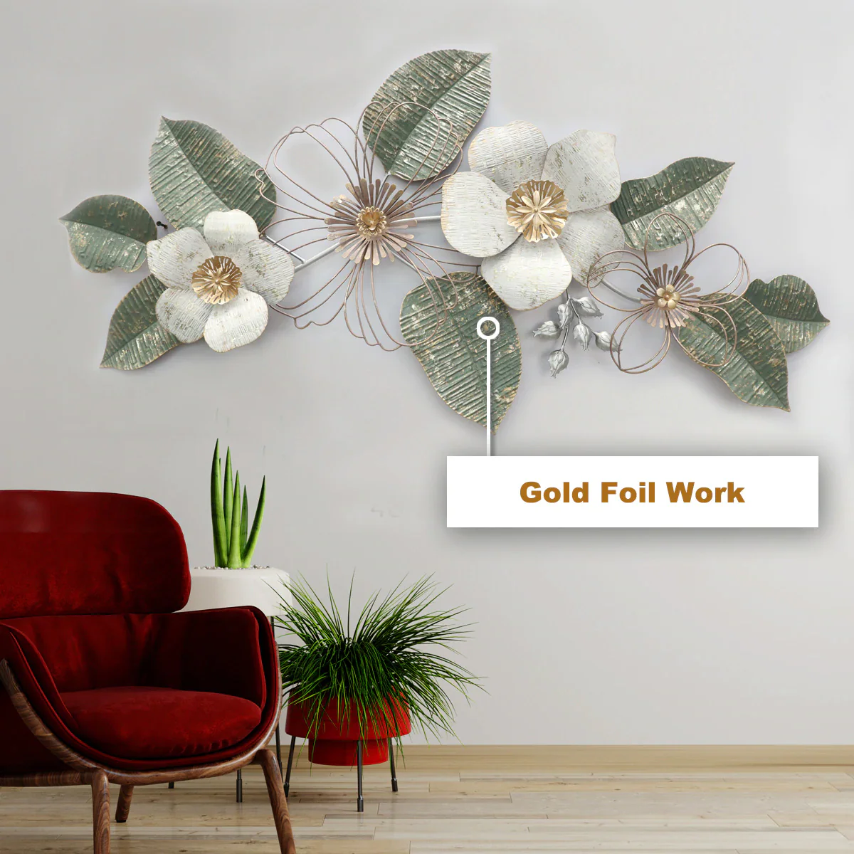 Long Beach Vintage Styled Florals Wall Decoration Metal Wall Art - Gold Foil Work - Image 3