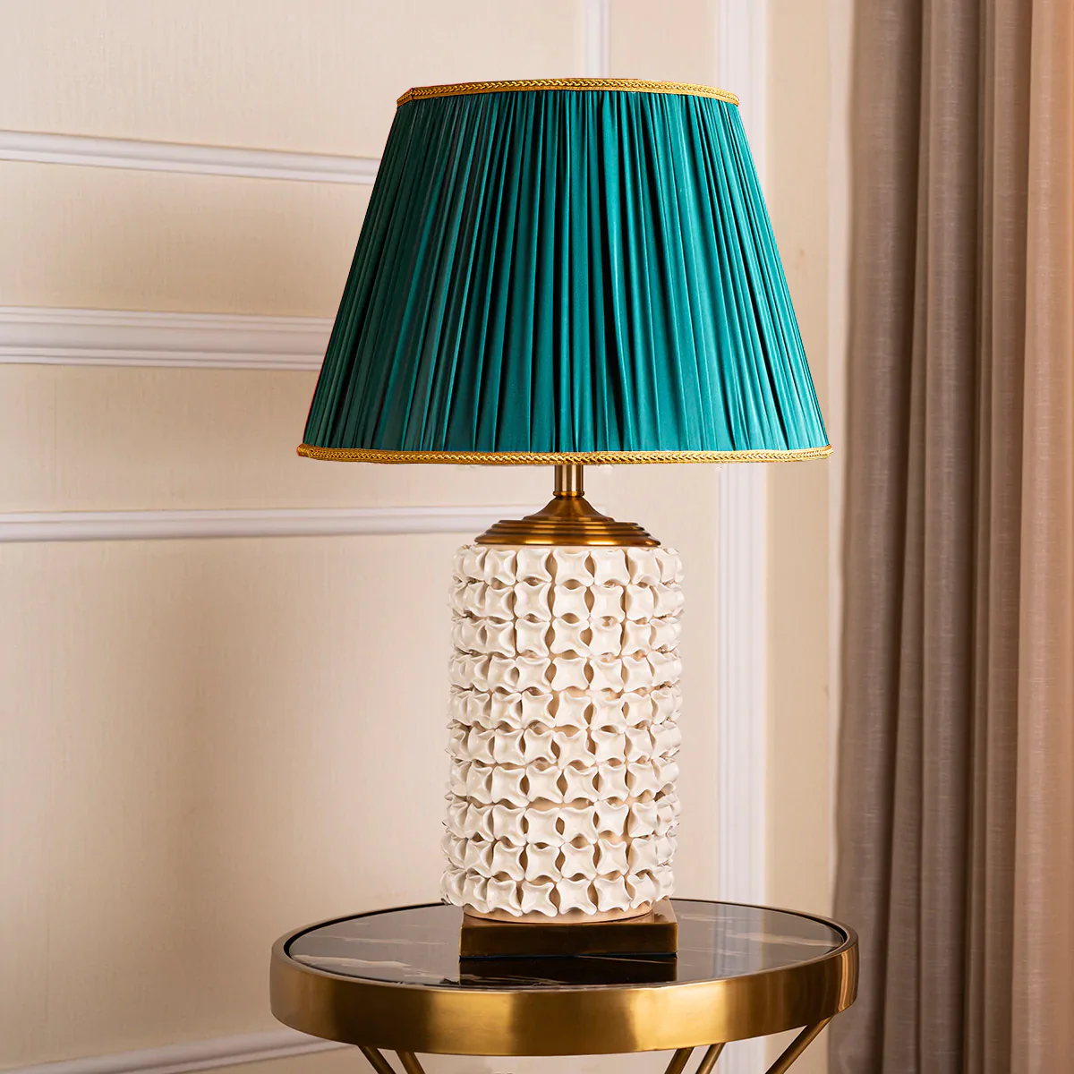 The Beige and Gold Italian Mesh Decorative Ceramic & Stainless Steel Table Lamp With Green Shade - Image 2