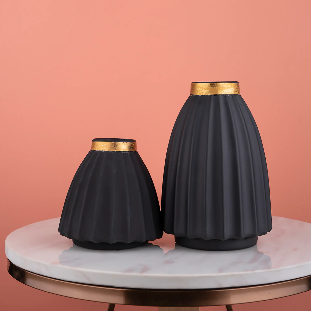 The Black and Gold Ripple Ceramic Decorative Vase - Pair - Image 2