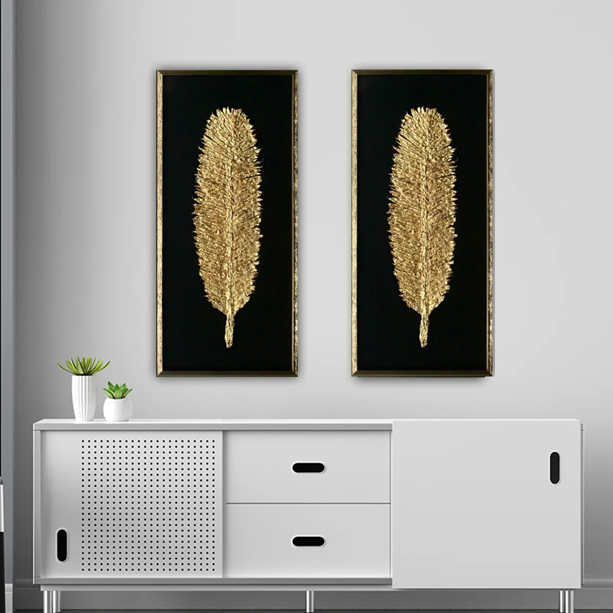The Golden Glittered Feather Shadow Box Wall Decoration Piece - Set of 2
