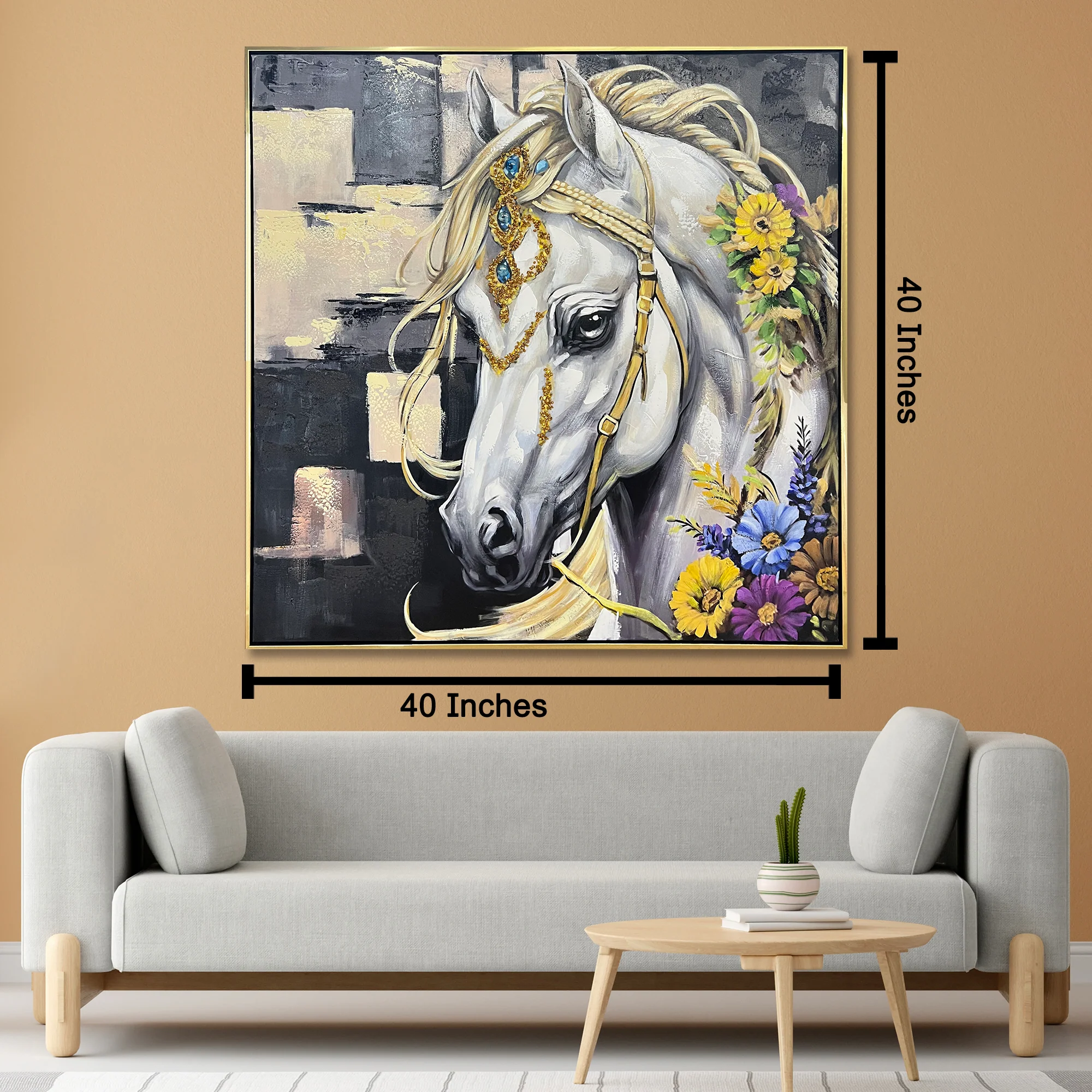 The Royal Equine Hand painting painting for home Wall (With Outer Floater Frame) (40x40 Inches) - Image 3