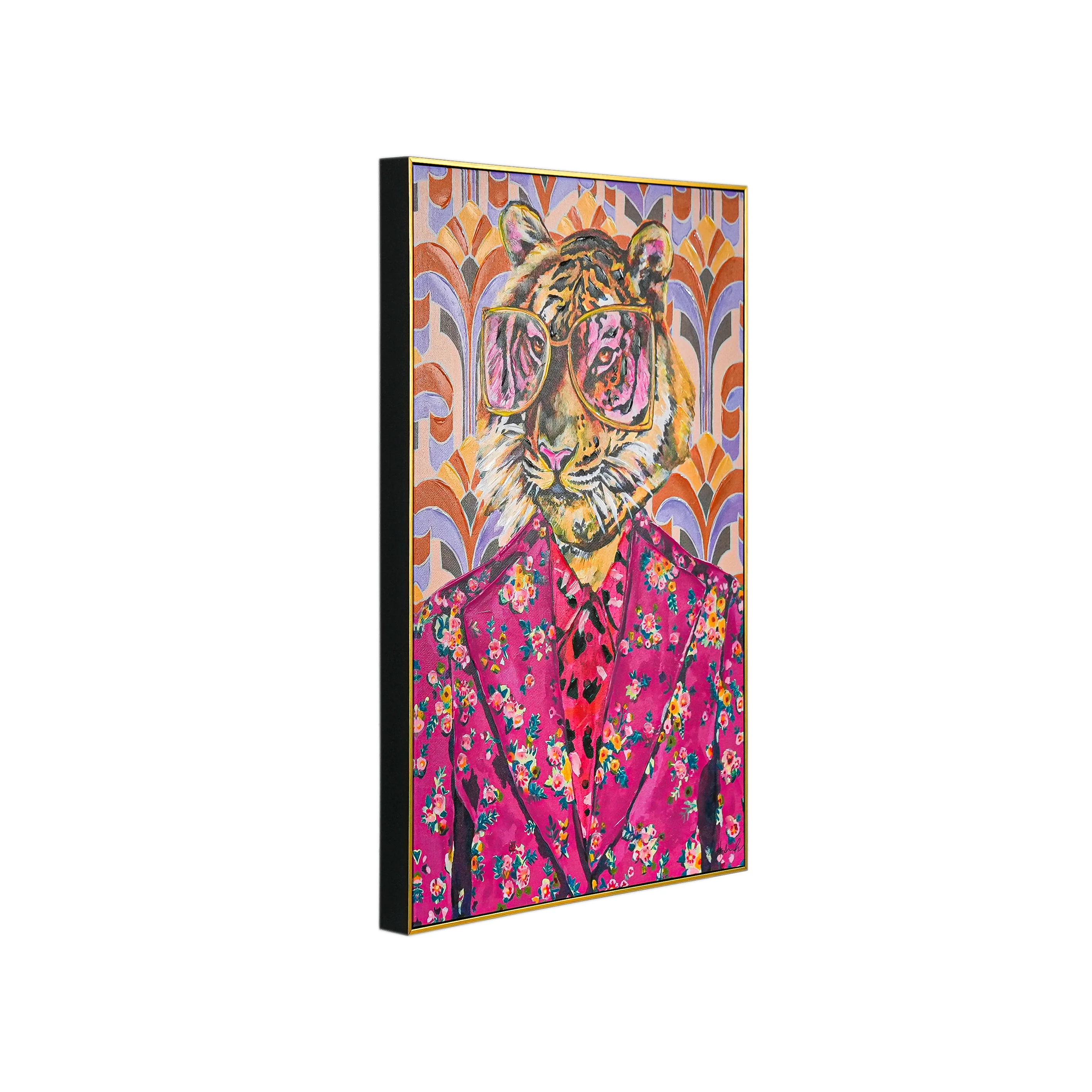 Tiger in Retro Bloom by Heather Perry 100% Hand Painted Wall Painting (With Outer Floater Frame frame) ( 35.5 x 23.5 Inches ) - Image 9